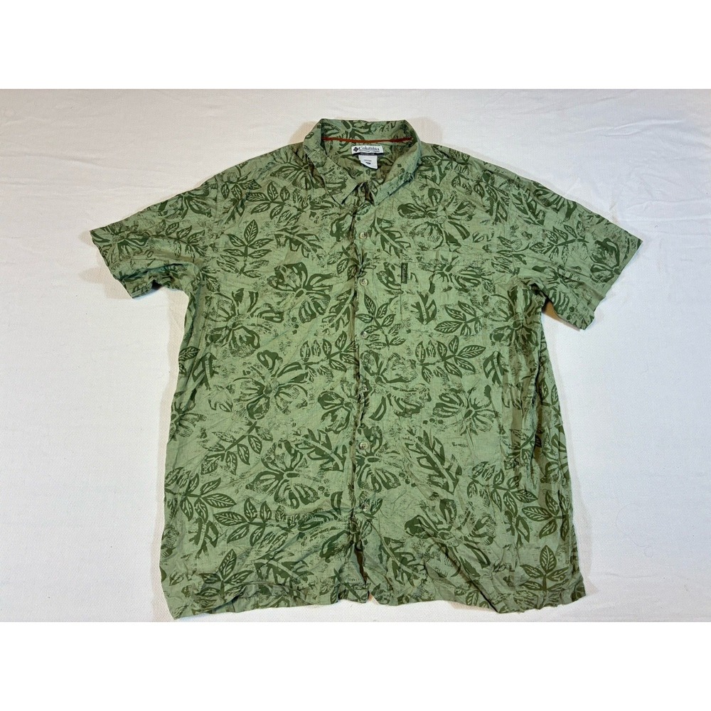 Columbia Sportswear XXL Green Floral Leaf‎ Print Short Sleeve Cotton Button Down